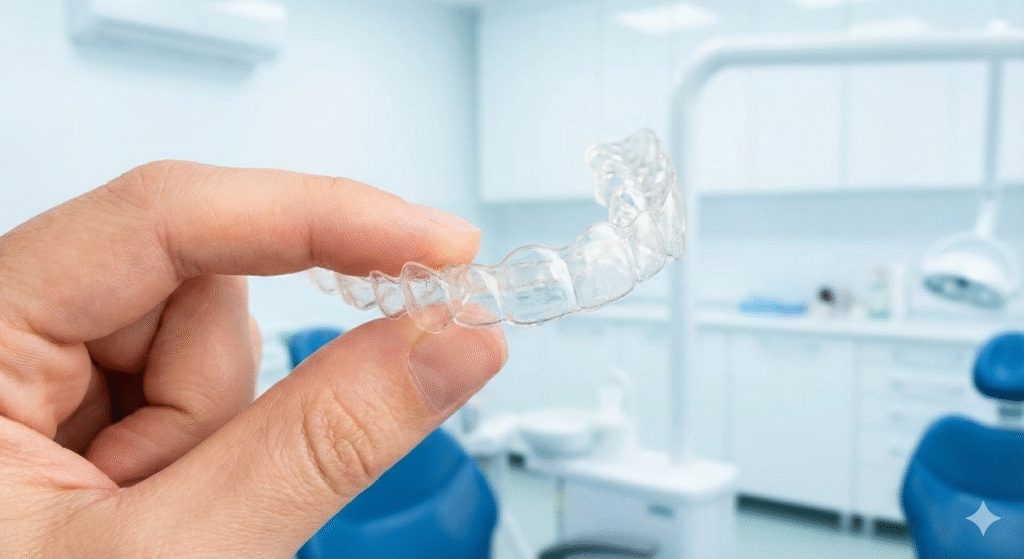 Close up of a hand holding a transparent invisalign orthodontic tray.