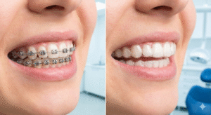 Split screen comparison of metal dental braces and clear invisalign aligners.